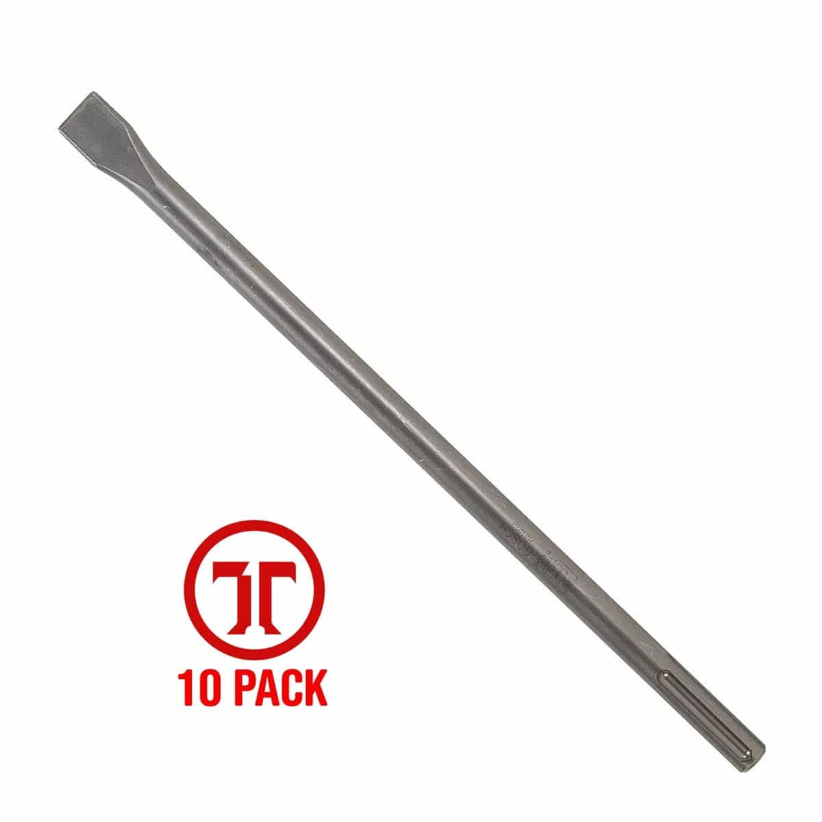 An angled studio product shot of a single Bosch HS1912 SDS-max flat chisel bit from the 10-pack bundle, detailing its universal SDS-max connection shank, extended solid metal body shaft with etched markings, and 1-inch wide precision-ground flat chisel face next to a red circular marketing graphic callout that reads 10 Pack.