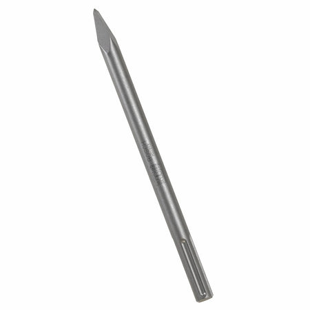 An isolated product studio layout of a single Bosch HS1913 bull point chisel bit against a crisp white background, emphasizing its solid gray alloy steel body, detailed laser-etched product specifications, slotted SDS-max retention shank, and precision-tapered demolition point tip.