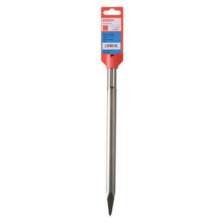 A full vertical product view of the Bosch HS1913 12-inch bull point chisel bit packaged with its signature red hanging retail label card, which displays clear product branding, key application info, and an EAN barcode above a white background.