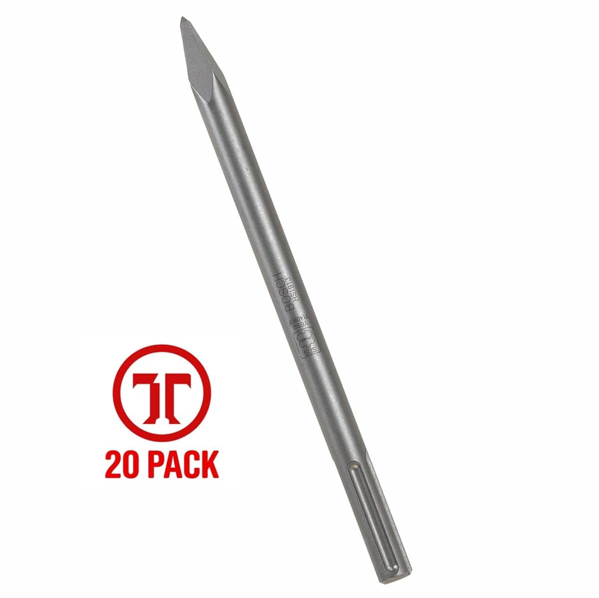 A studio product view of a single Bosch HS1913 SDS-max bull point chisel bit from the 20-piece fleet package against a solid white background, detailing its slotted mounting shank, thick body shaft, and pointed tip next to a red circular marketing graphic callout that reads 20 Pack.