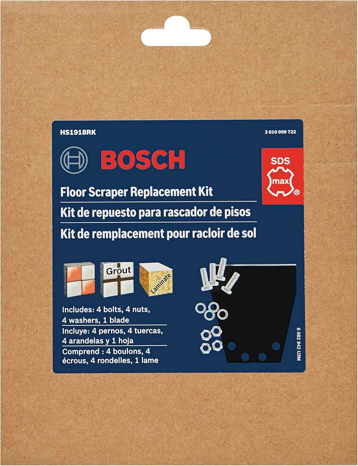 Retail packaging for the Bosch HS1918RK SDS-Max floor scraper replacement blade kit indicating its application for grout, mortar, and laminate glue removal.