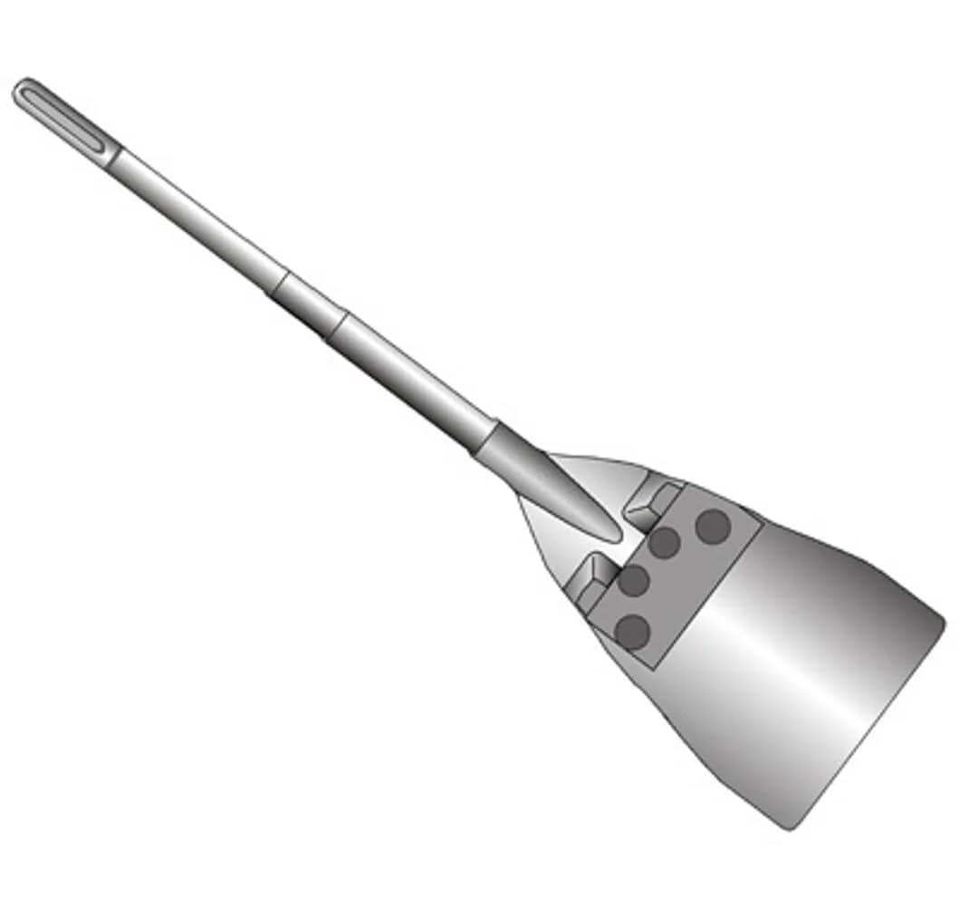 Technical illustration of the Bosch HS1918 SDS-Max hammer steel 6-inch floor scraper highlighting the secure bolt-on replaceable blade system.