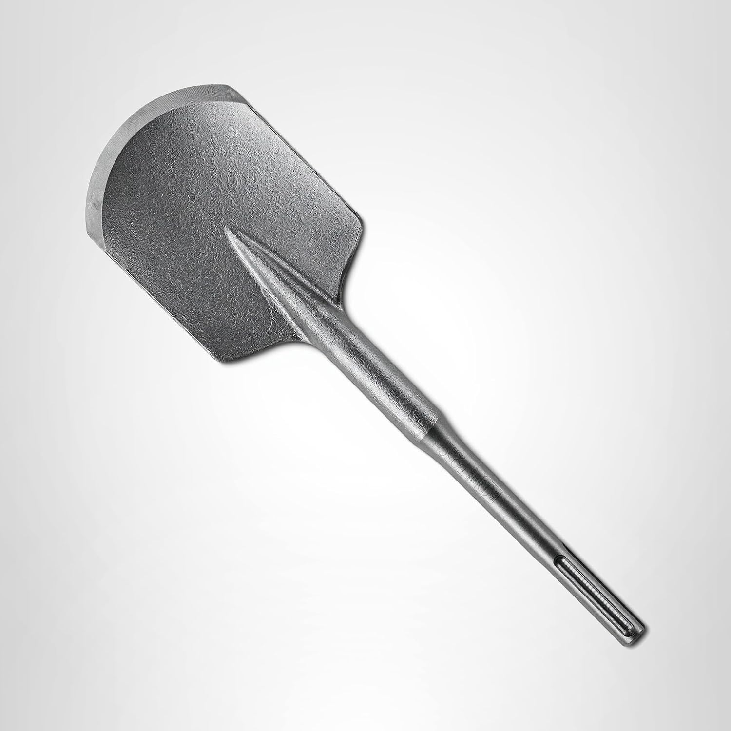 An isometric studio product shot of the Bosch HS1922 clay spade excavation bit against a light gray gradient background, showcasing its universal SDS-max mounting shank, a solid metal shaft with a laser-etched logo, and a broad 4-1/2 inch wide curved spade shovel head.