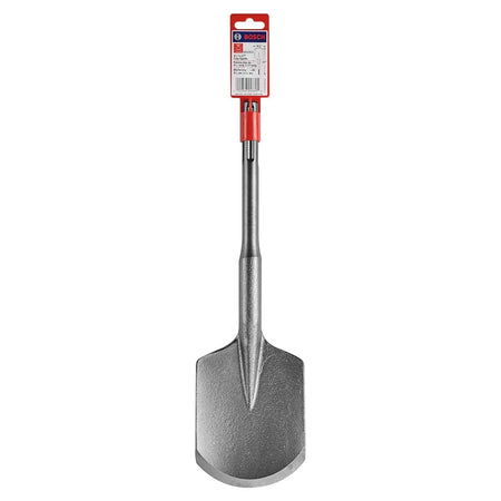 A full front vertical view of the 17-inch long Bosch clay spade digging tool attached to its red cardboard hanging retail packaging card displaying an official barcode and product description.