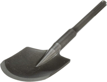 A close-up studio shot of the black-finish Bosch alloy steel clay spade shovel head, highlighting the thick reinforcement ribbing that extends along the transition throat to the SDS-max connection shank.