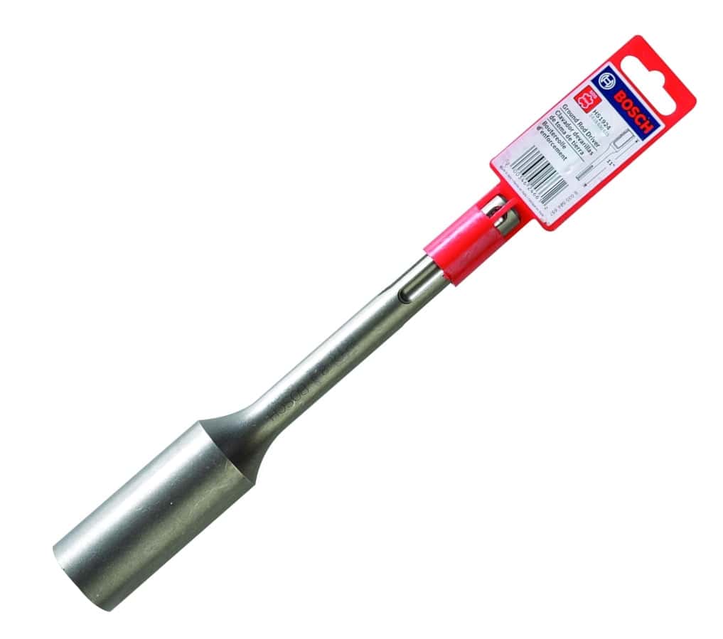 The Bosch HS1924 SDS-max ground rod driver bit shown with its red retail packaging tag attached to the shank.