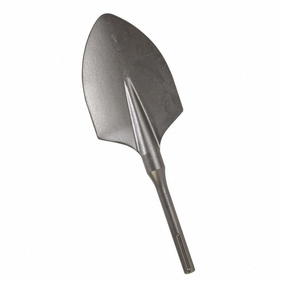 Angled profile of the heavy-duty Bosch HS1926 SDS-max 16-inch clay spade chisel, showcasing the 5-3/8-inch wide steel blade and grooved shank designed for trenching and excavating hard soil and gravel.