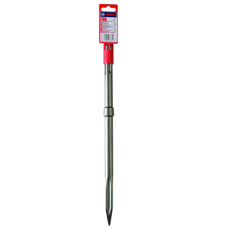 A retail-ready view of the Bosch HS1934 SDS-max star point chisel in its original hanging packaging, highlighting its 16-inch length and self-sharpening R-Tec technology.