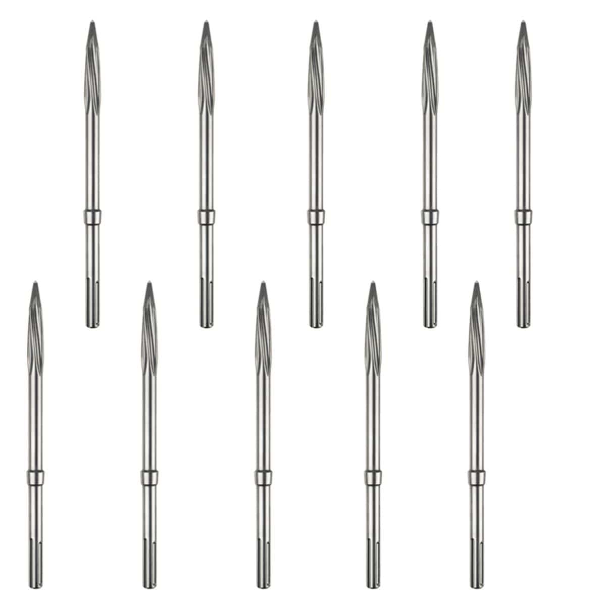 A clean studio product shot of the Bosch HS1936B10 bulk kit arranged symmetrically against a solid white background, showcasing exactly ten identical 16-inch long SDS-max R-Tec star point twist chisel bits, with each individual bit detailing its slotted connection shank base, integrated energy-reflecting collar ring, long solid metal body shaft, and precision-ground twisted star-point demolition head.