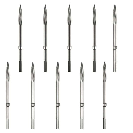 A clean studio product shot of the Bosch HS1936B10 bulk kit arranged symmetrically against a solid white background, showcasing exactly ten identical 16-inch long SDS-max R-Tec star point twist chisel bits, with each individual bit detailing its slotted connection shank base, integrated energy-reflecting collar ring, long solid metal body shaft, and precision-ground twisted star-point demolition head.