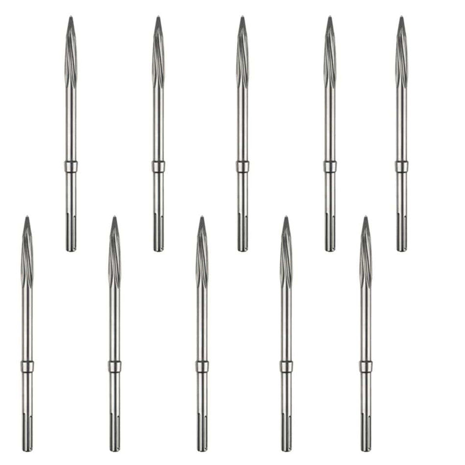 A clean studio product shot of the Bosch HS1936B10 bulk kit arranged symmetrically against a solid white background, showcasing exactly ten identical 16-inch long SDS-max R-Tec star point twist chisel bits, with each individual bit detailing its slotted connection shank base, integrated energy-reflecting collar ring, long solid metal body shaft, and precision-ground twisted star-point demolition head.