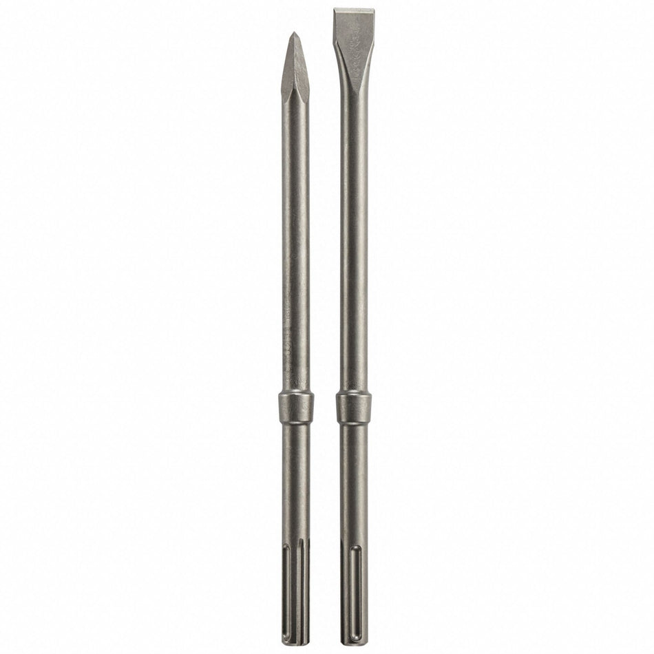 A studio shot of the Bosch HS19R2PK SDS-Max R-Tec 2-piece heavy-duty chisel set featuring a 16-inch bull point chisel and a 16-inch flat chisel standing upright side-by-side against a clean white background.