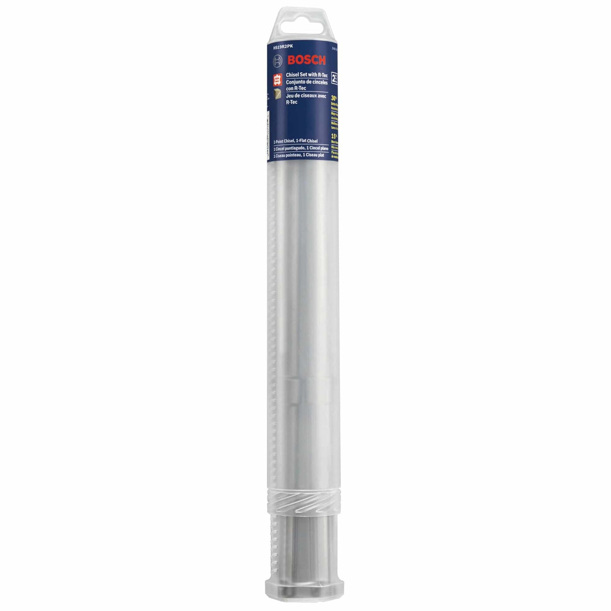 The Bosch HS19R2PK 2-piece chisel set packaged securely inside its included clear, durable compact storage tube, which features a top hanger hole for convenient pegboard storage in a workshop, garage, or tool truck.