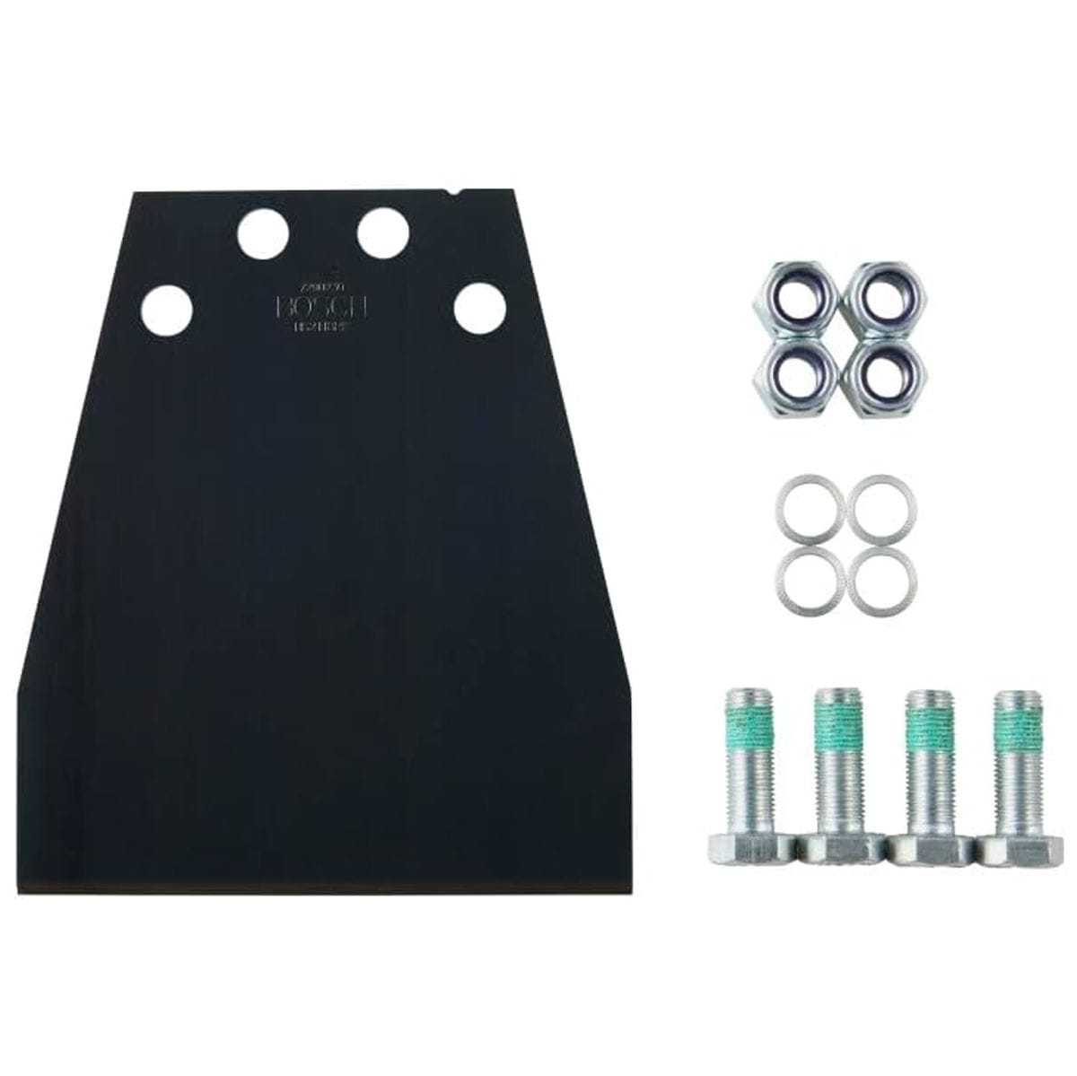 A clean product studio layout of the Bosch HS2118RK replacement kit components against a solid white background, displaying the wide 6-inch steel floor scraper blade alongside its matching hardware, which includes four heavy-duty structural bolts, four silver hex nuts, and four flat split washers.