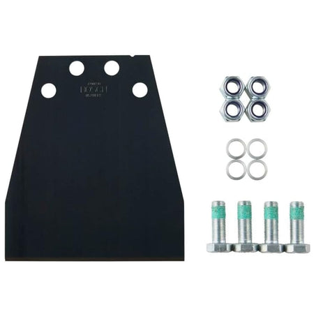 A clean product studio layout of the Bosch HS2118RK replacement kit components against a solid white background, displaying the wide 6-inch steel floor scraper blade alongside its matching hardware, which includes four heavy-duty structural bolts, four silver hex nuts, and four flat split washers.