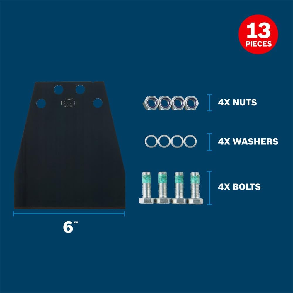 An informative product diagram of the Bosch scraper replacement system against a dark blue background, with technical callouts detailing a 6-inch wide blade face and text highlighting a total of 13 pieces, which include 4x nuts, 4x washers, and 4x bolts for secure installation.
