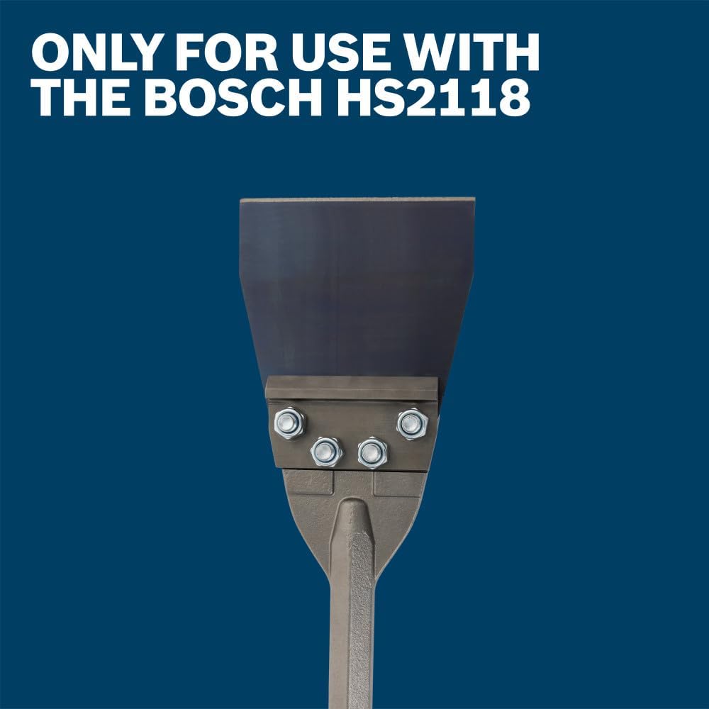 A macro product compatibility shot focusing on the upper portion of a demolition tool assembly, showing the replacement steel blade mounted firmly to the forged head of a scraper shank with bolts, underneath bold white text stating Only for Use with the Bosch HS2118.