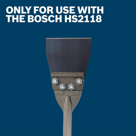 A macro product compatibility shot focusing on the upper portion of a demolition tool assembly, showing the replacement steel blade mounted firmly to the forged head of a scraper shank with bolts, underneath bold white text stating Only for Use with the Bosch HS2118.
