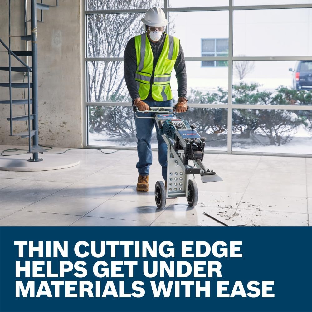 An action-oriented marketing image showing a trade contractor operating a heavy-duty walk-behind floor removal cart system on a commercial tile floor, positioned over a lower blue graphic banner with white typography that reads Thin Cutting Edge Helps Get Under Materials with Ease.