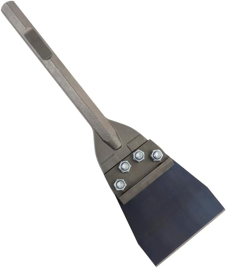 A studio product shot of the Bosch HS2118 floor scraper attachment from an angled perspective, showing its robust 1-1/8 inch hex shank body leading down to a wide metal scraping blade securely locked in place with four heavy-duty nut and bolt fasteners.