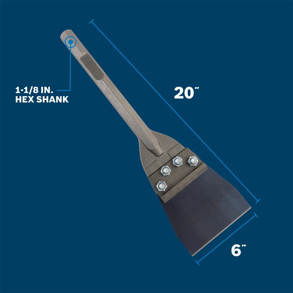 An informational product feature graphic displaying the Bosch heavy-duty floor scraper chisel against a solid dark blue background, with technical line callouts indicating its 1-1/8 inch hex shank configuration, a 20-inch total tool length, and a wide 6-inch scraper blade face.