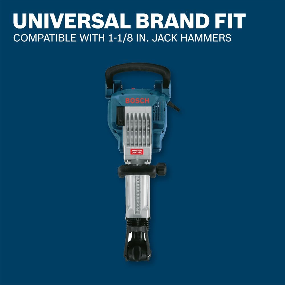 A front-facing compatibility graphic displaying a heavy-duty blue Bosch jack hammer positioned vertically against a dark blue background, with white headline text reading Universal Brand Fit - Compatible with 1-1/8 in. Jack Hammers.