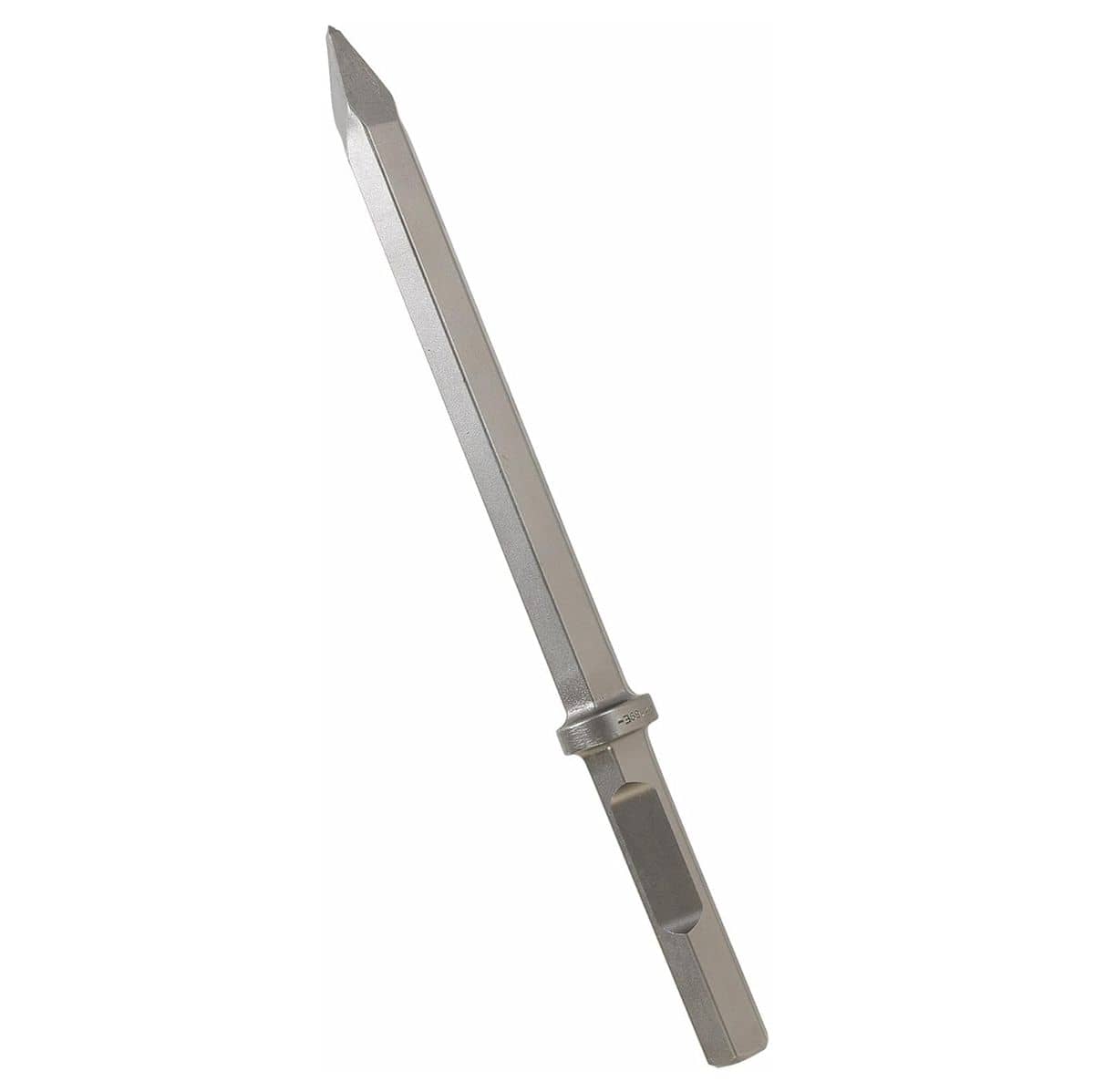 A heavy-duty Bosch HS2161 moil point breaker bit positioned diagonally against a solid white background, showcasing its sharp four-sided pointed chisel tip, a solid elongated steel body shaft, and an industrial 1-1/8 inch hexagonal collar drive shank engineered for high-impact concrete demolition.