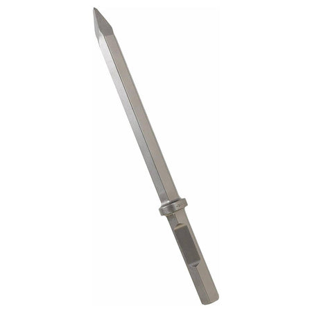 A heavy-duty Bosch HS2161 moil point breaker bit positioned diagonally against a solid white background, showcasing its sharp four-sided pointed chisel tip, a solid elongated steel body shaft, and an industrial 1-1/8 inch hexagonal collar drive shank engineered for high-impact concrete demolition.