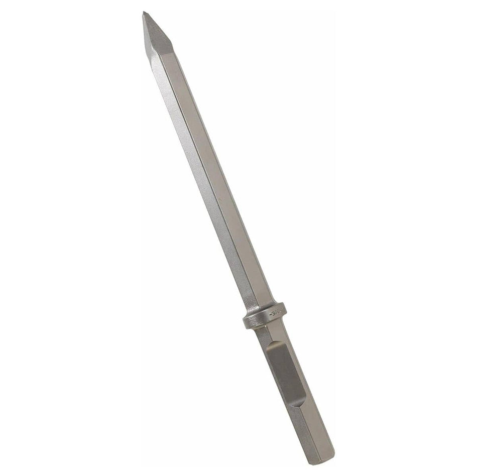 A heavy-duty Bosch HS2161 moil point breaker bit positioned diagonally against a solid white background, showcasing its sharp four-sided pointed chisel tip, a solid elongated steel body shaft, and an industrial 1-1/8 inch hexagonal collar drive shank engineered for high-impact concrete demolition.