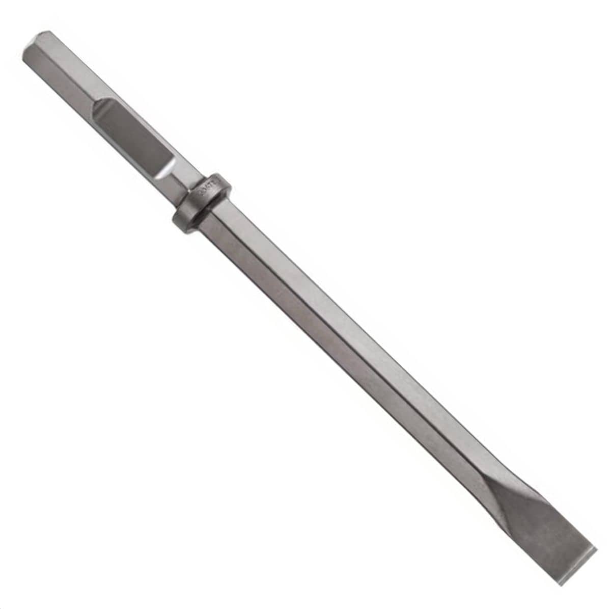An isometric product studio shot of the Bosch HS2163 narrow chisel attachment, detailing its 1-1/8 inch hex shank connection end, forged steel retaining collar, long hexagonal shaft configuration, and its straight-edged precision ground tip face.
