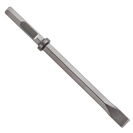 An isometric product studio shot of the Bosch HS2163 narrow chisel attachment, detailing its 1-1/8 inch hex shank connection end, forged steel retaining collar, long hexagonal shaft configuration, and its straight-edged precision ground tip face.