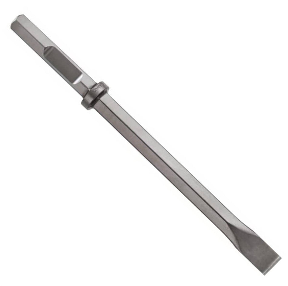 An isometric product studio shot of the Bosch HS2163 narrow chisel attachment, detailing its 1-1/8 inch hex shank connection end, forged steel retaining collar, long hexagonal shaft configuration, and its straight-edged precision ground tip face.