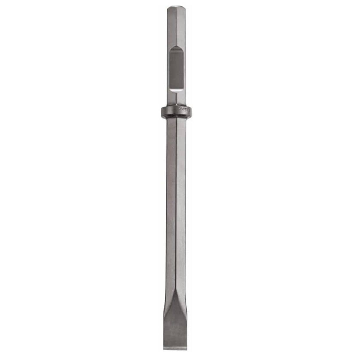 A full front vertical view of the Bosch HS2163 demolition chisel bit, showcasing the forged steel construction from the 1-1/8 inch hex shank down to the narrow straight-profile cutting head against a white background.