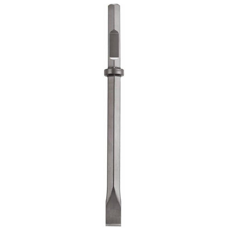 A full front vertical view of the Bosch HS2163 demolition chisel bit, showcasing the forged steel construction from the 1-1/8 inch hex shank down to the narrow straight-profile cutting head against a white background.