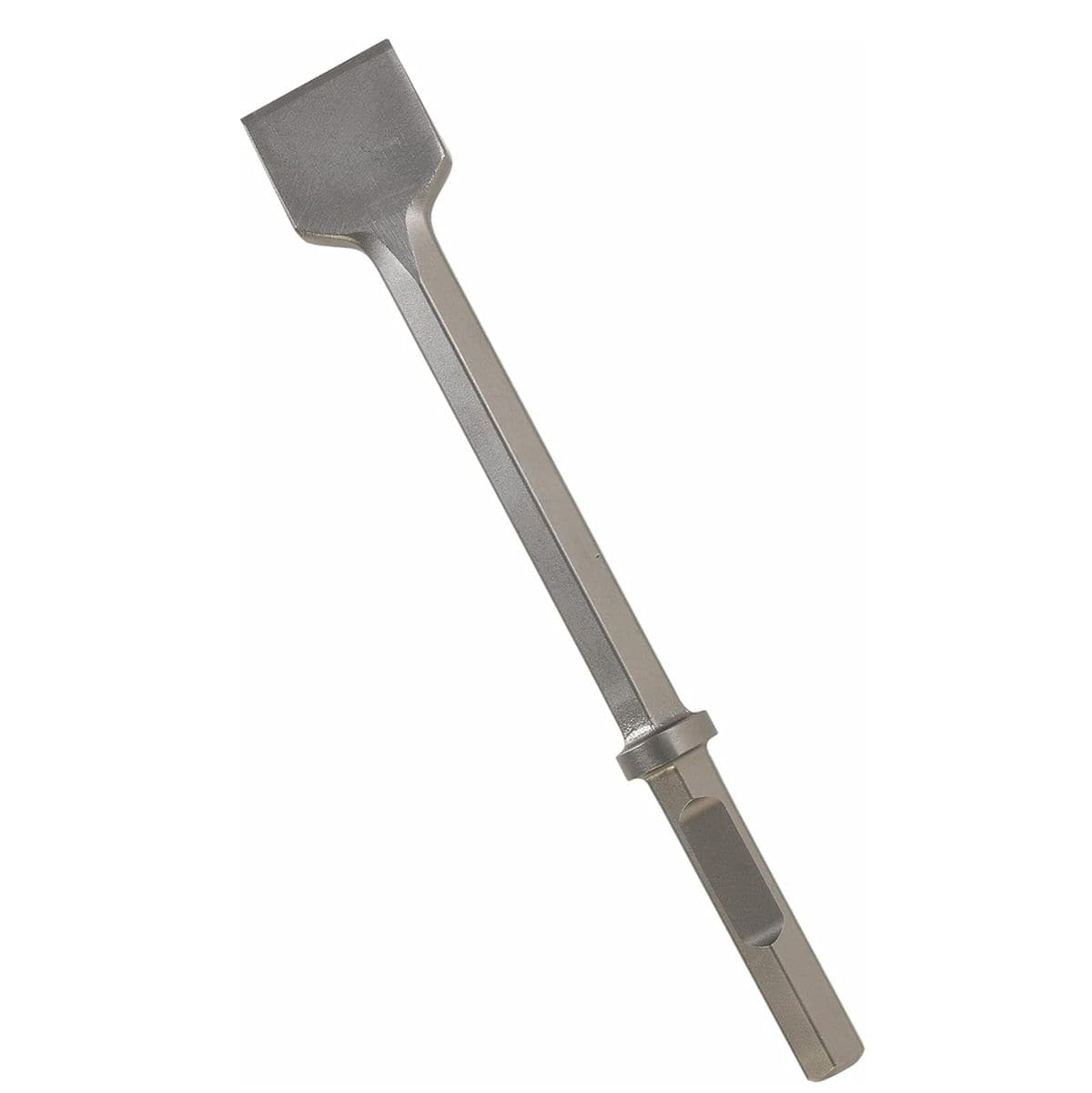 An isometric studio product shot of the Bosch HS2164 wide scaling chisel bit, displaying its universal 1-1/8 inch hex shank connection end, forged steel retaining collar, long solid metal shaft, and a broad 3-inch wide scraping head face.