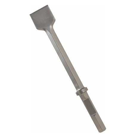An isometric studio product shot of the Bosch HS2164 wide scaling chisel bit, displaying its universal 1-1/8 inch hex shank connection end, forged steel retaining collar, long solid metal shaft, and a broad 3-inch wide scraping head face.