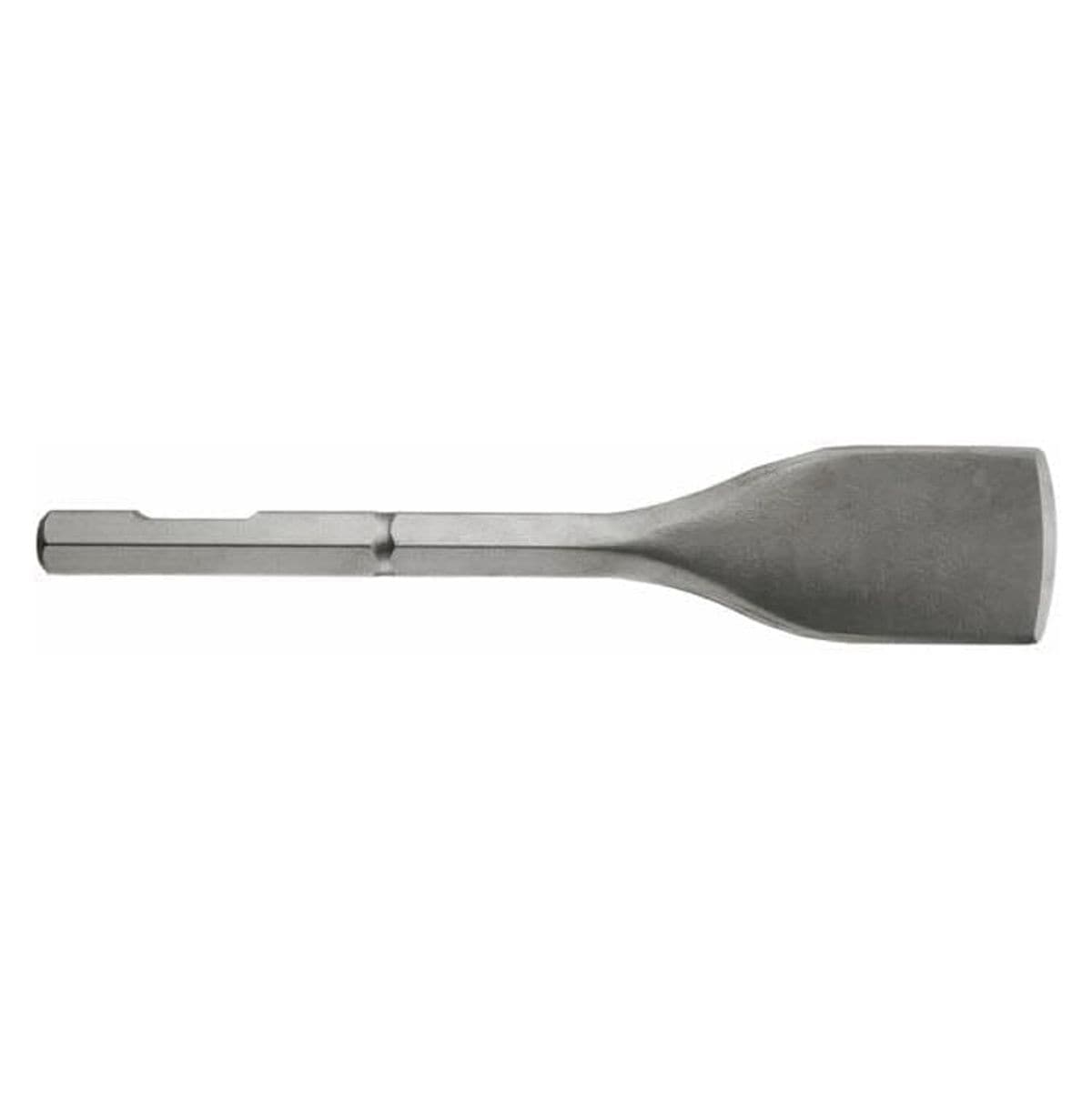 A crisp horizontal profile shot of the blue-gray Bosch Superkut demolition hammer bit, showing its solid alloy steel configuration from the 1-1/8 inch hex shank mounting base down to its 2-3/4 inch wide straight cutting edge against a clean white background.