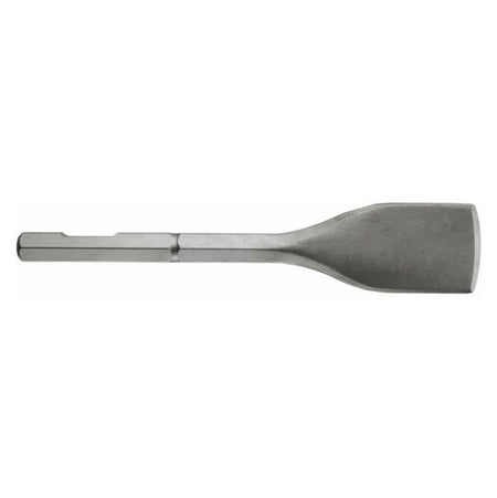 A crisp horizontal profile shot of the blue-gray Bosch Superkut demolition hammer bit, showing its solid alloy steel configuration from the 1-1/8 inch hex shank mounting base down to its 2-3/4 inch wide straight cutting edge against a clean white background.