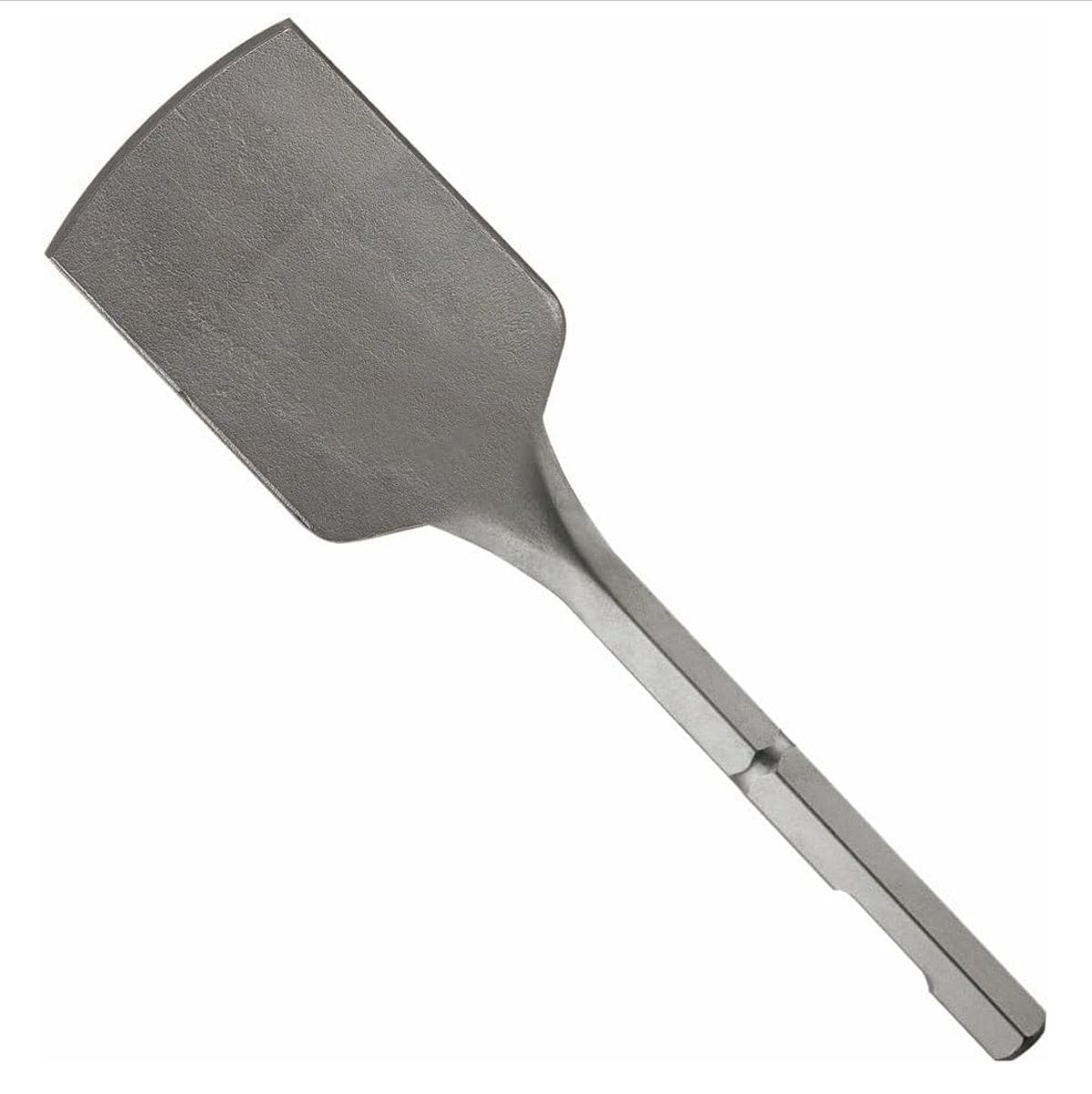 Bosch five inch wide asphalt cutter hammer steel chisel model HS2167 featuring a broad spade blade and an industrial one and an eighth inch hex shank with a retention notch for electric demolition hammers and pavement breakers isolated on a white background.