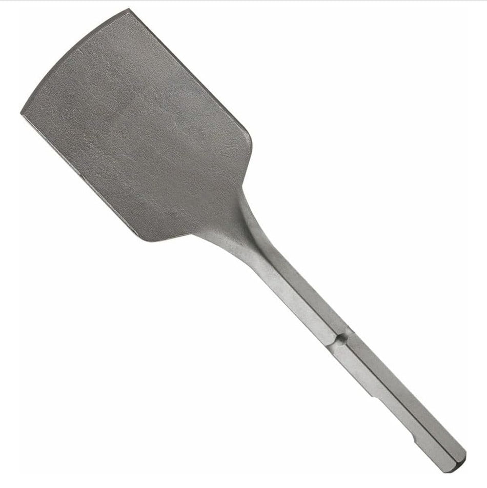 Bosch five inch wide asphalt cutter hammer steel chisel model HS2167 featuring a broad spade blade and an industrial one and an eighth inch hex shank with a retention notch for electric demolition hammers and pavement breakers isolated on a white background.