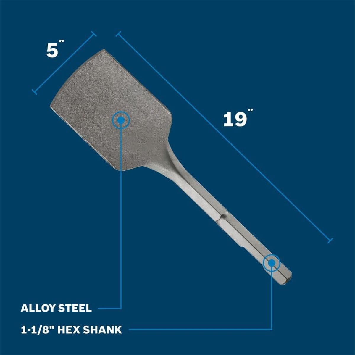 Bosch model HS2167 alloy steel pavement breaker chisel dimension graphic pointing out a five inch wide spade blade width, a nineteen inch overall tool length, and a one and an eighth inch notched hex shank interface over a blue backdrop.