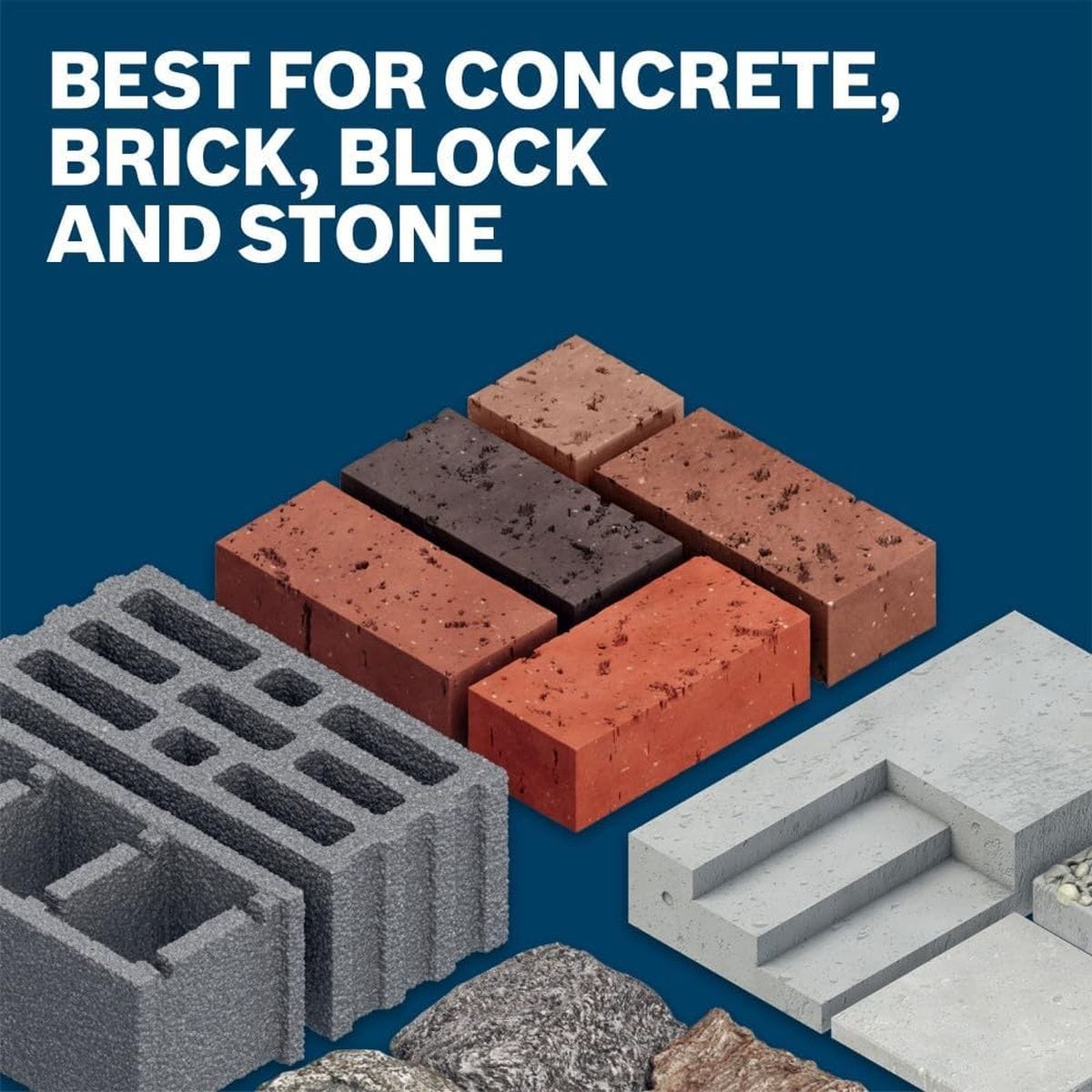 Bosch masonry product application infographic titled Best For Concrete, Brick, Block and Stone displaying three-dimensional graphic renderings of a concrete hollow cinder block, red clay bricks, concrete stairs, and loose stone aggregates.