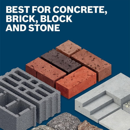 Bosch masonry product application infographic titled Best For Concrete, Brick, Block and Stone displaying three-dimensional graphic renderings of a concrete hollow cinder block, red clay bricks, concrete stairs, and loose stone aggregates.