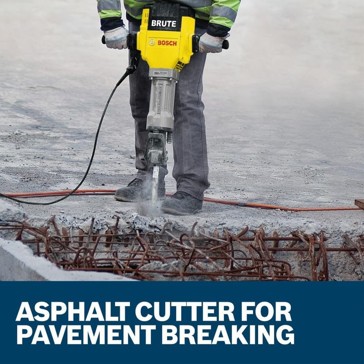 A construction operator running a Bosch Brute electric breaker hammer on a roadway surface layout with bottom text banner reading Asphalt Cutter for Pavement Breaking to demonstrate field pavement demolition.