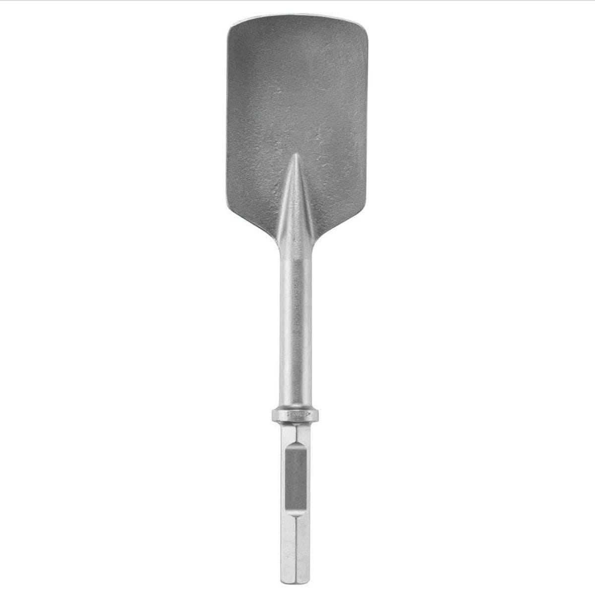 A front-facing, straight studio product shot of the Bosch HS2169 clay spade attachment against a clean white background, detailing its solid 1-1/8 inch hex shank connection base, intermediate collar ring, structurally reinforced neck throat, and wide 5-3/8 inch curved steel spade blade face.