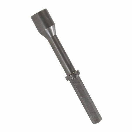 Full-length view of the Bosch HS2171 14-1/2 inch heavy-duty pin driver accessory detailing the solid one-piece forged body layout, intermediate retention collar ring, and notched shank interface for demolition hammers.