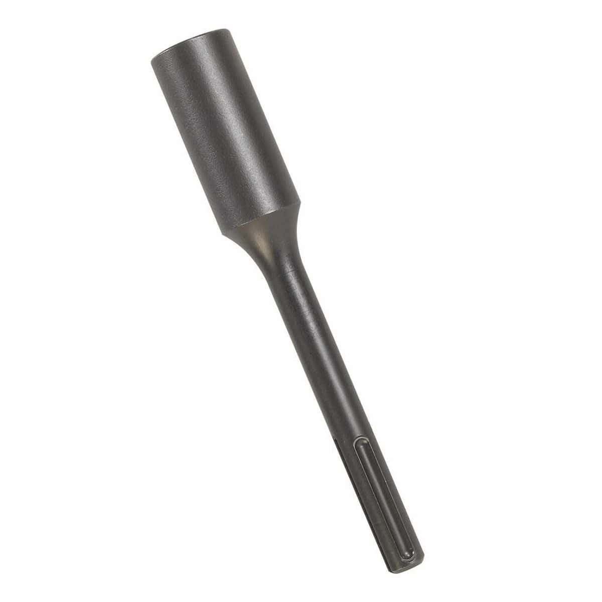 Bosch structural alloy steel ground rod driver model HS2172 showing the heavy duty hollow socket driving head and a one and an eighth inch hex shank with a retention notch configuration for electric demolition hammers and pavement breakers.