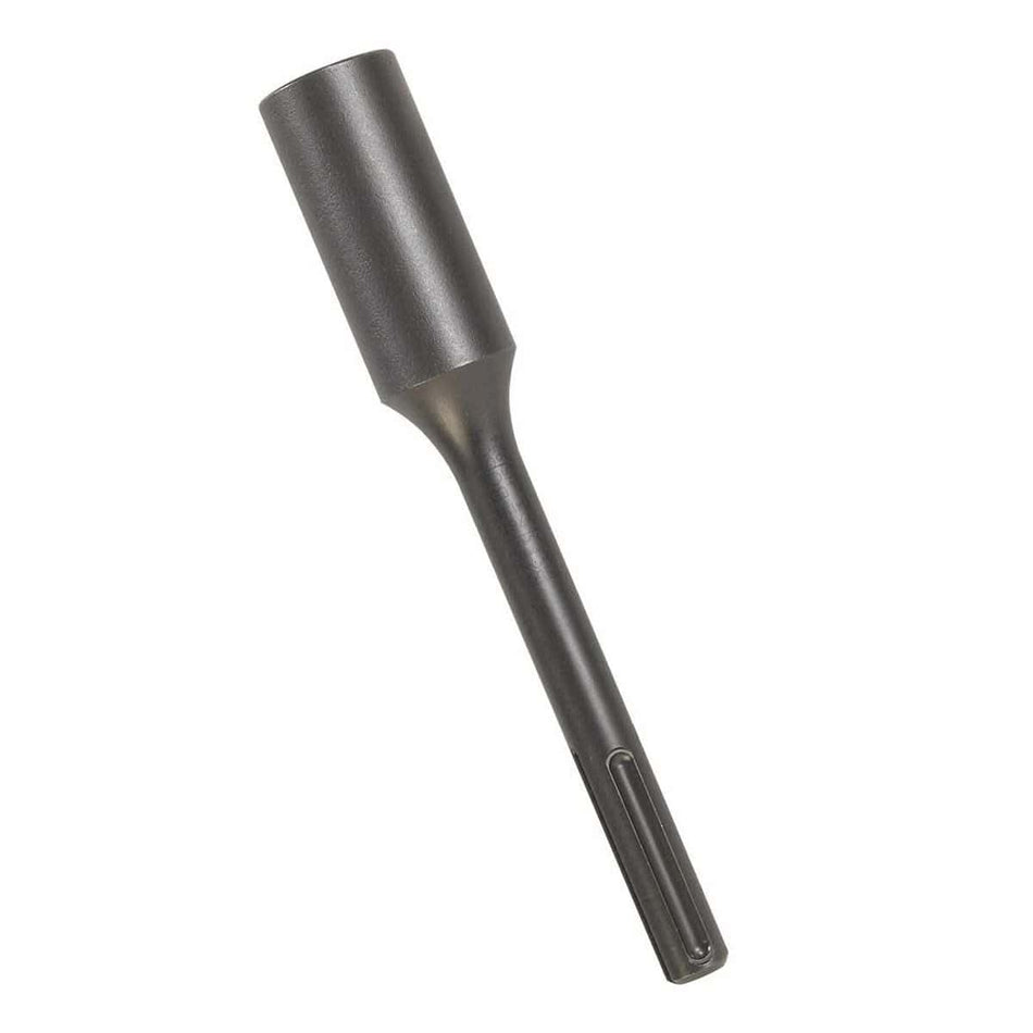 Bosch structural alloy steel ground rod driver model HS2172 showing the heavy duty hollow socket driving head and a one and an eighth inch hex shank with a retention notch configuration for electric demolition hammers and pavement breakers.