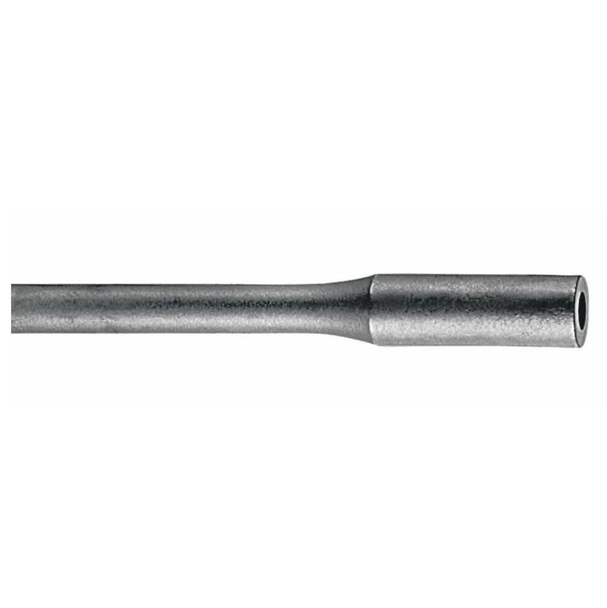 Close-up profile view of the Bosch HS2173 fifteen and a half inch steel tamper shank adapter showing the straight connecting rod body and hollow receiving sleeve end optimized for heavy duty compactor plates and demolition hammers.
