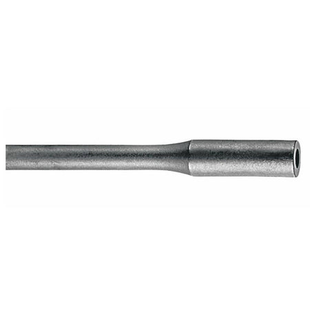 Close-up profile view of the Bosch HS2173 fifteen and a half inch steel tamper shank adapter showing the straight connecting rod body and hollow receiving sleeve end optimized for heavy duty compactor plates and demolition hammers.